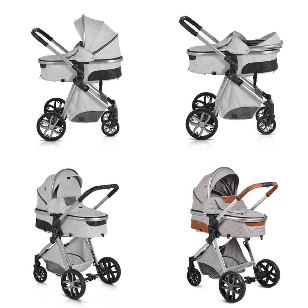 KINDERWAGEN Alma hellgrau Sportsitz Tragetasche umbaubar Wickeltasche Sitz umkehrbar - Hellgrau, Metall (90/60/120cm) - Moni