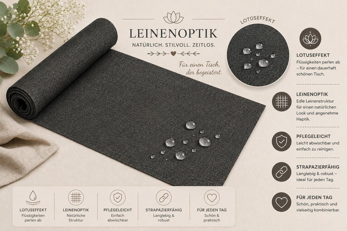 TISCHLÄUFER 33/160 cm Anthrazit Leinenoptik - Anthrazit, Textil (33/160cm) - TiborTex