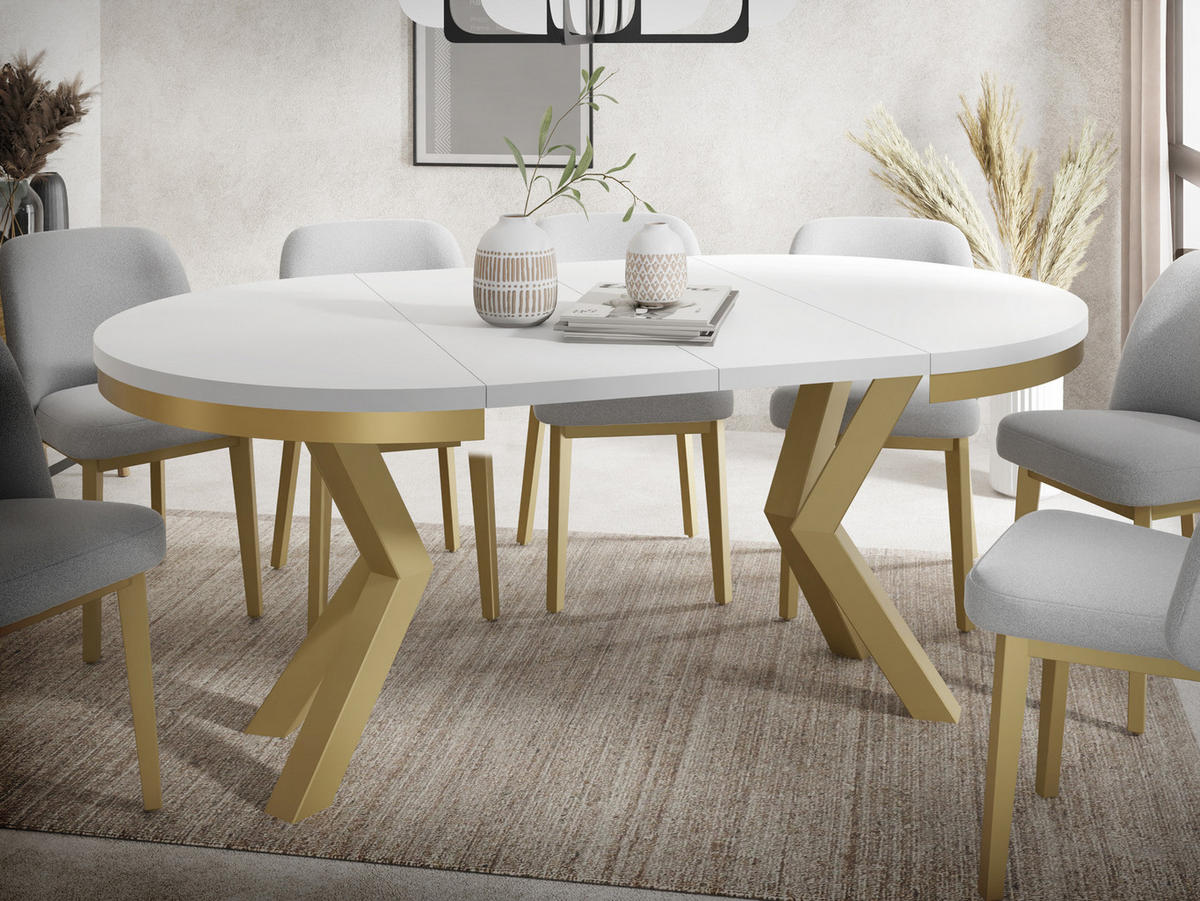 ESSTISCH Clara Gold runder ausziehbarer, Weiß 120-200/120/76 cm - Goldfarben/Weiß, Holzwerkstoff/Metall (120/120/76cm) - WFL GROUP