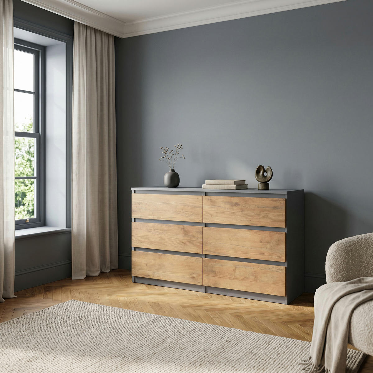 KOMMODE NUDO 120/78,5/39cm mit 6 Schubladen Türen Anthrazit - Eichefarben/Anthrazit, Holzwerkstoff (120/78.5/39cm) - MASSENO