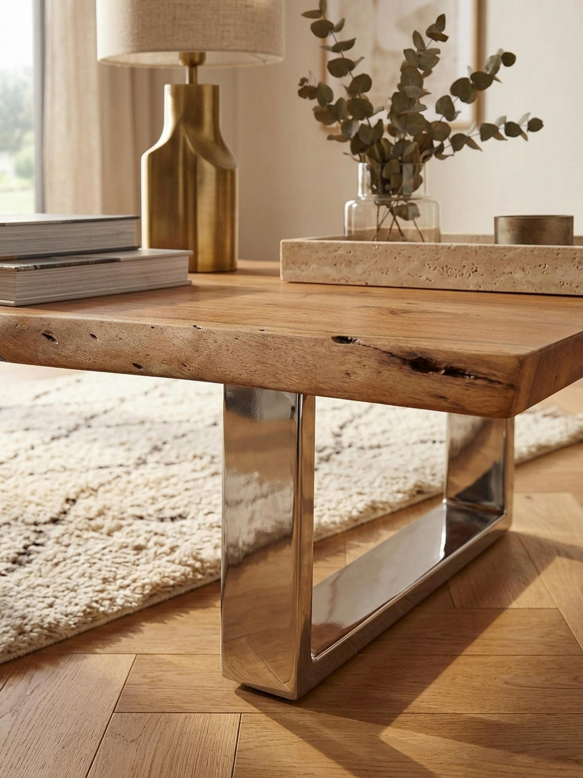 COUCHTISCH Akazienholz Massiv, Baumkanten Design, Landhausstil, Metallbeine Stabil - Beige/Silberfarben, Holz/Metall (58/115/25cm) - KADIMA DESIGN