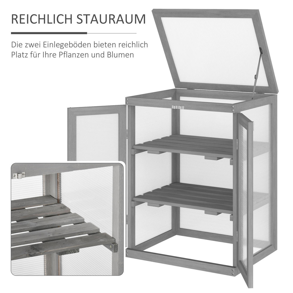 GEWÄCHSHAUS aus Holz 58x44x78 cm in Dunkelgrau mit Doppeltür - Dunkelgrau, Holz (44/78/58cm) - Modfu