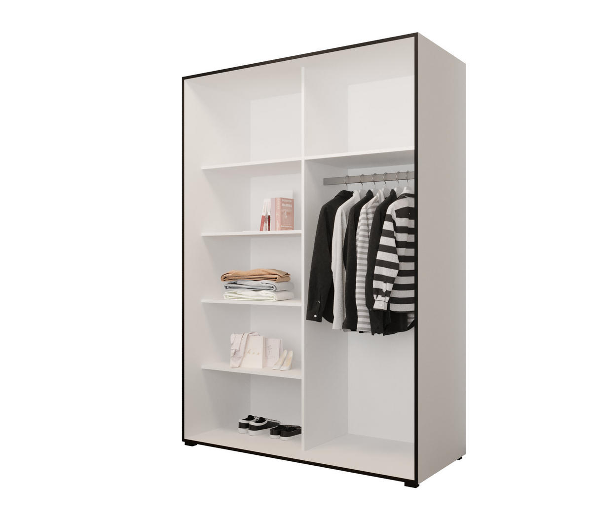 DREHTÜRENSCHRANK MODENA 150, 4-türig Kleiderschrank mit 2 Spiegel, Moderne Garderobe, Schrank in Größe: 150 x 206 x 65 cm - Schwarz/Weiß, Holzwerkstoff (150/206/65cm) - O-Sofa