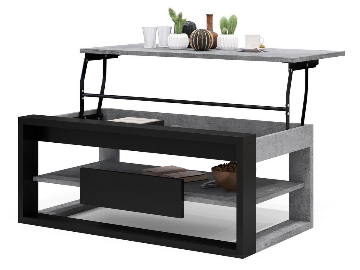 COUCHTISCH rechteckig Beton Schwarz aufklappbar - Hellgrau/Schwarz, Holzwerkstoff (60/110/45cm) - designimpex
