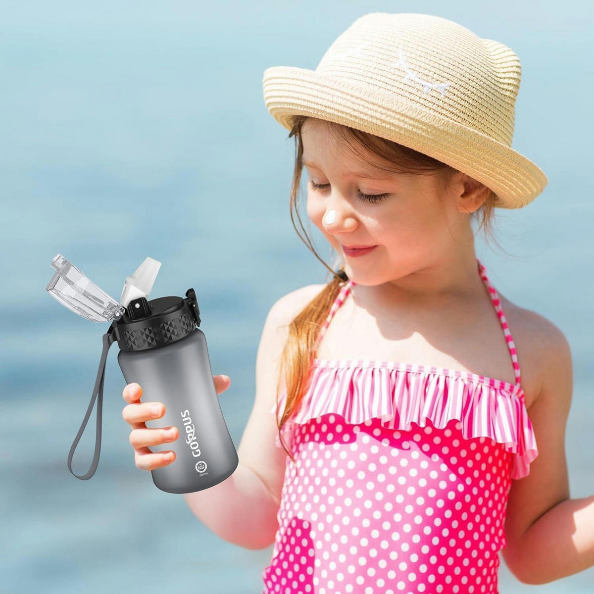 TRINKFLASCHE Kinder 350 ml mit Strohhalm und Zeitmarkierung Grau - Grau, Kunststoff (8/8cm)