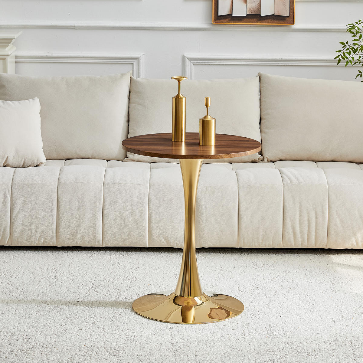 BEISTELLTISCH 60/60/72 cm goldfarben/walnuss aus MDF und Metall mit runder Tischplatte - Goldfarben, Holzwerkstoff (60/60/72cm) - OKWISH