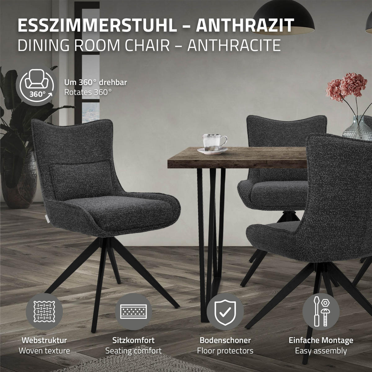 ESSZIMMERSTÜHLE 2er Set drehbar Küchenstühle gepolstert mit Webstoff-Bezug Anthrazit - Anthrazit/Schwarz, Textil/Metall (54/90/64cm) - ML-DESIGN