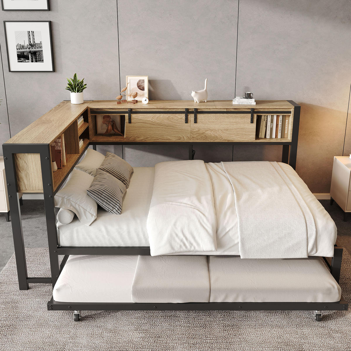 AUSZIEHBETT 120/200/90/190 cm, DE-41728, in Schwarz/Natur - Schwarz, Metall (120/200cm) - ComfortXL