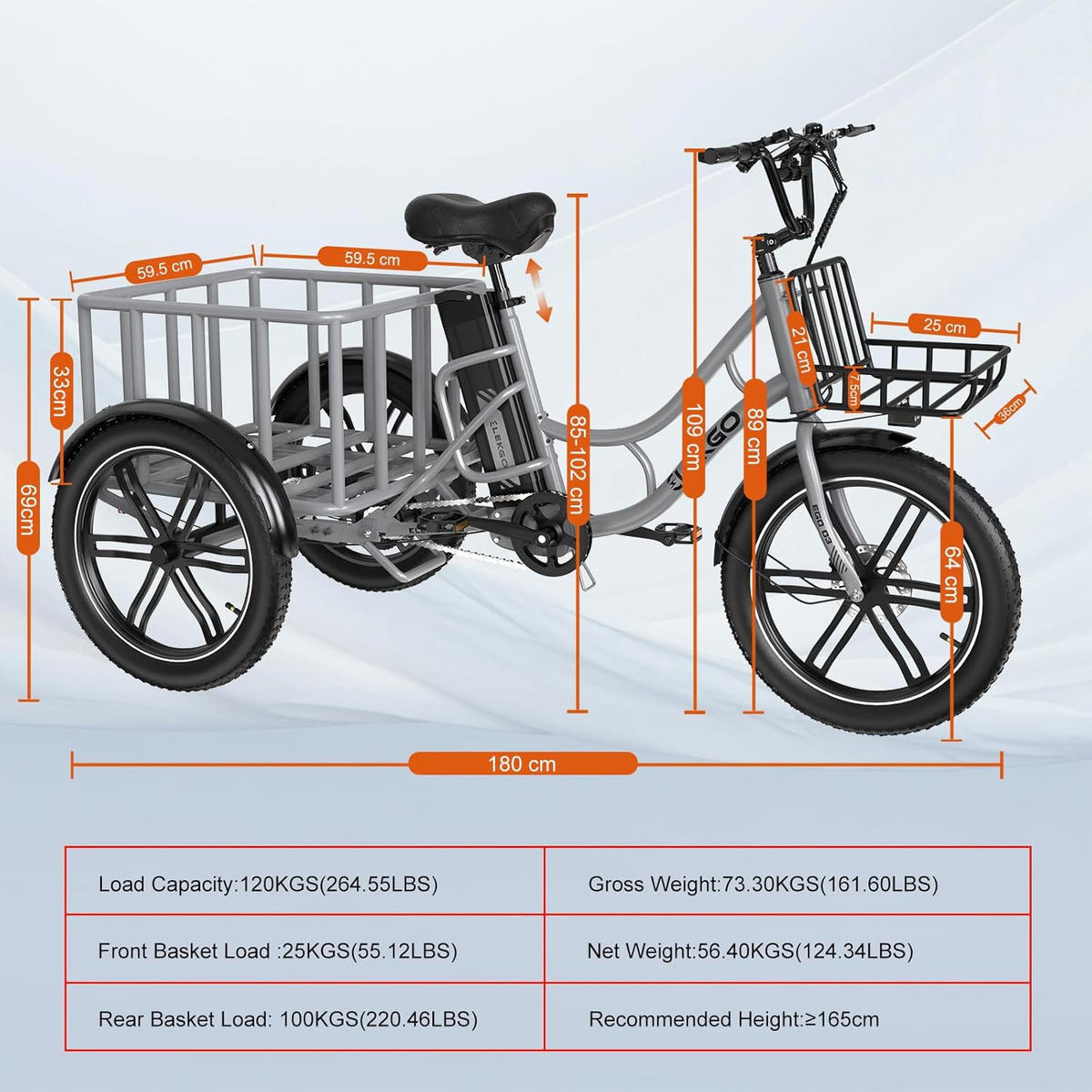 E-BIKE EGO 03S 48V 18Ah großer Front und Heckkorb, max. Zuladung 125 kg - Grau, Metall (66cm) - ELEKGO