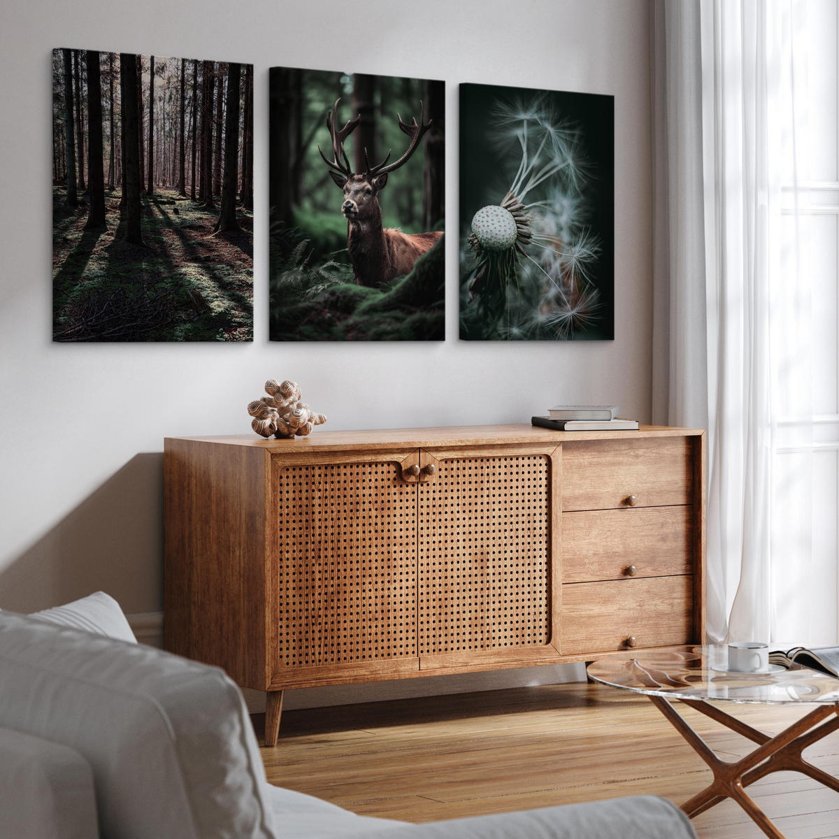 LEINWANDBILDER 3-er Set Wald Hirsch 3D - Schwarz/Weiß, Textil (90/40cm) - Muralo