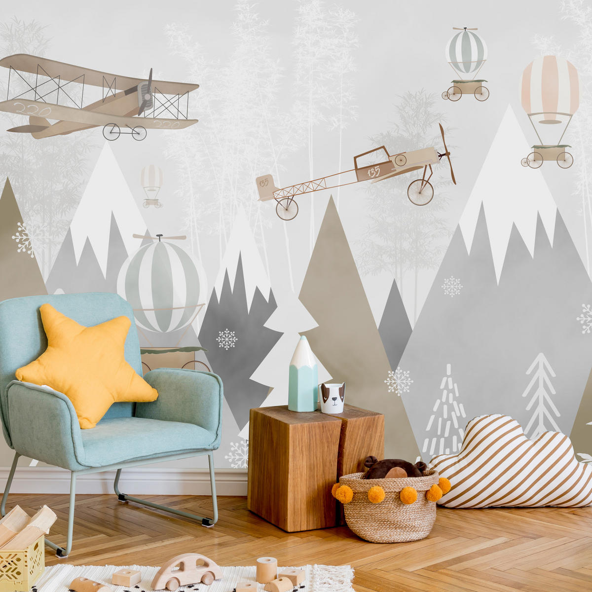 FOTOTAPETE für Kinderzimmer Flugzeuge Bergen Bäume 500x350 - Beige/Braun, Papier (500/350cm) - Muralo