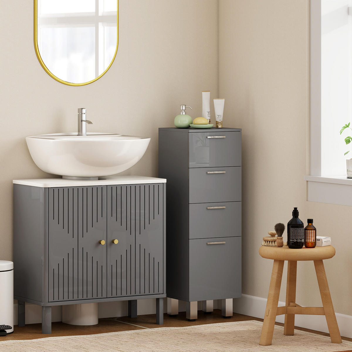 BADEZIMMERSCHRANK Spanplatte Grau - Silberfarben/Grau, Holzwerkstoff/Kunststoff (30/93/30cm) - Kleankin