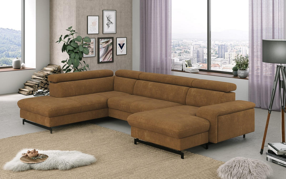 WOHNLANDSCHAFT mit Schlaffunktion und Bettkasten, Orlando-Stoff - Cognac/Schwarz, Kunststoff/Textil (328/81/215cm) - Cotta
