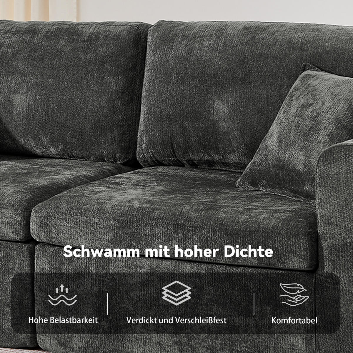 2-SITZER SOFA Chenille Schwarz mit USB, Magazintasche, Getränkehalter und Kissen - Schwarz, Textil (220/89/100cm) - WISHDOR
