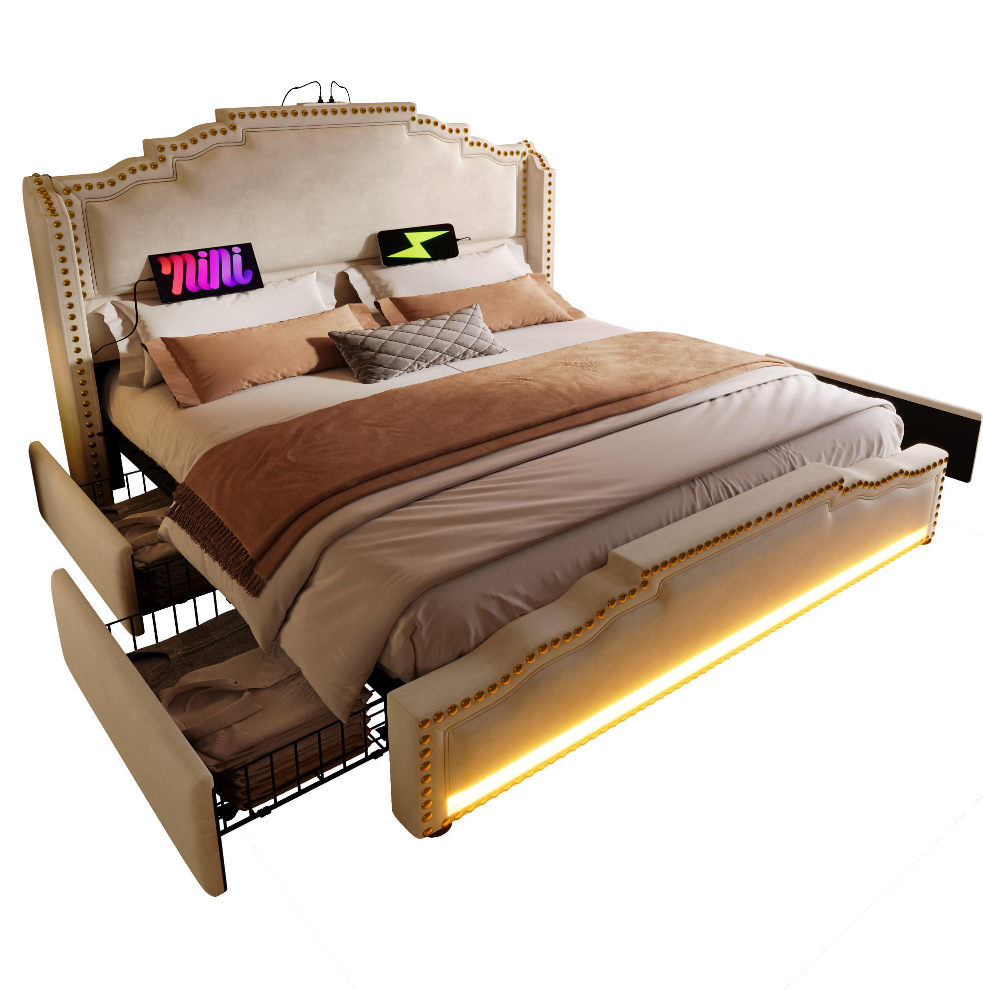 POLSTERBETT 140/200 cm Beige mit 4 Schubladen, LED-Beleuchtung und Matratze - Beige, Textil (140/200cm) - Flora Grace