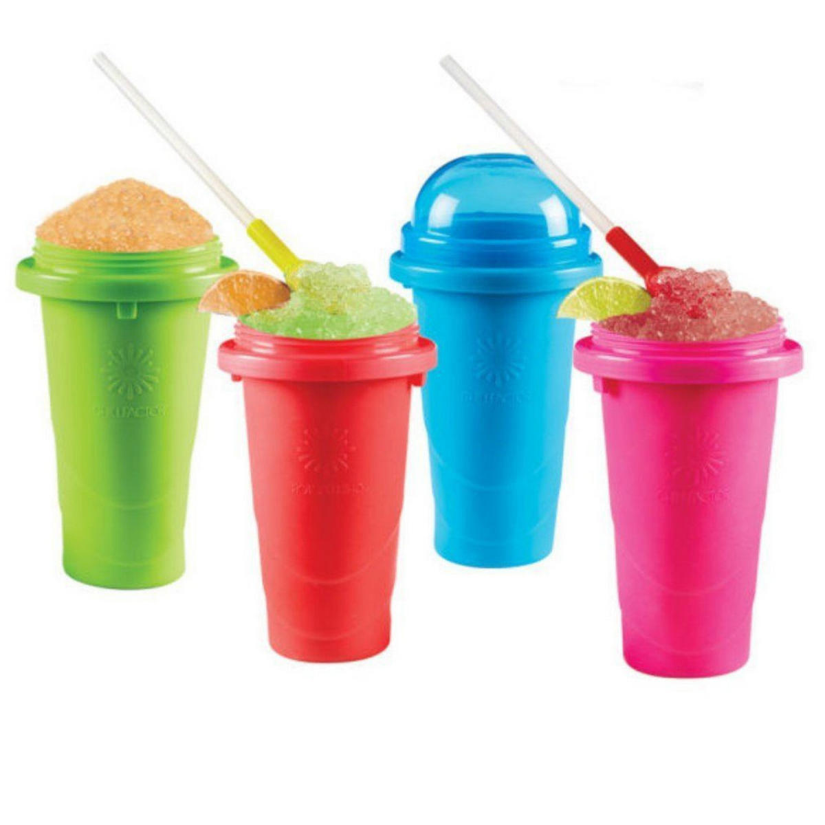 SLUSHY Eisbecher 4er Set Bunt, 240 ml, Deckel, Löffel-Strohhalm, Trinkbecher, Dessertbecher, Kinderbecher, Sommerparty, Slush Eis, Kunststoffbecher - Multicolor, Kunststoff (0.96L) - JUNG