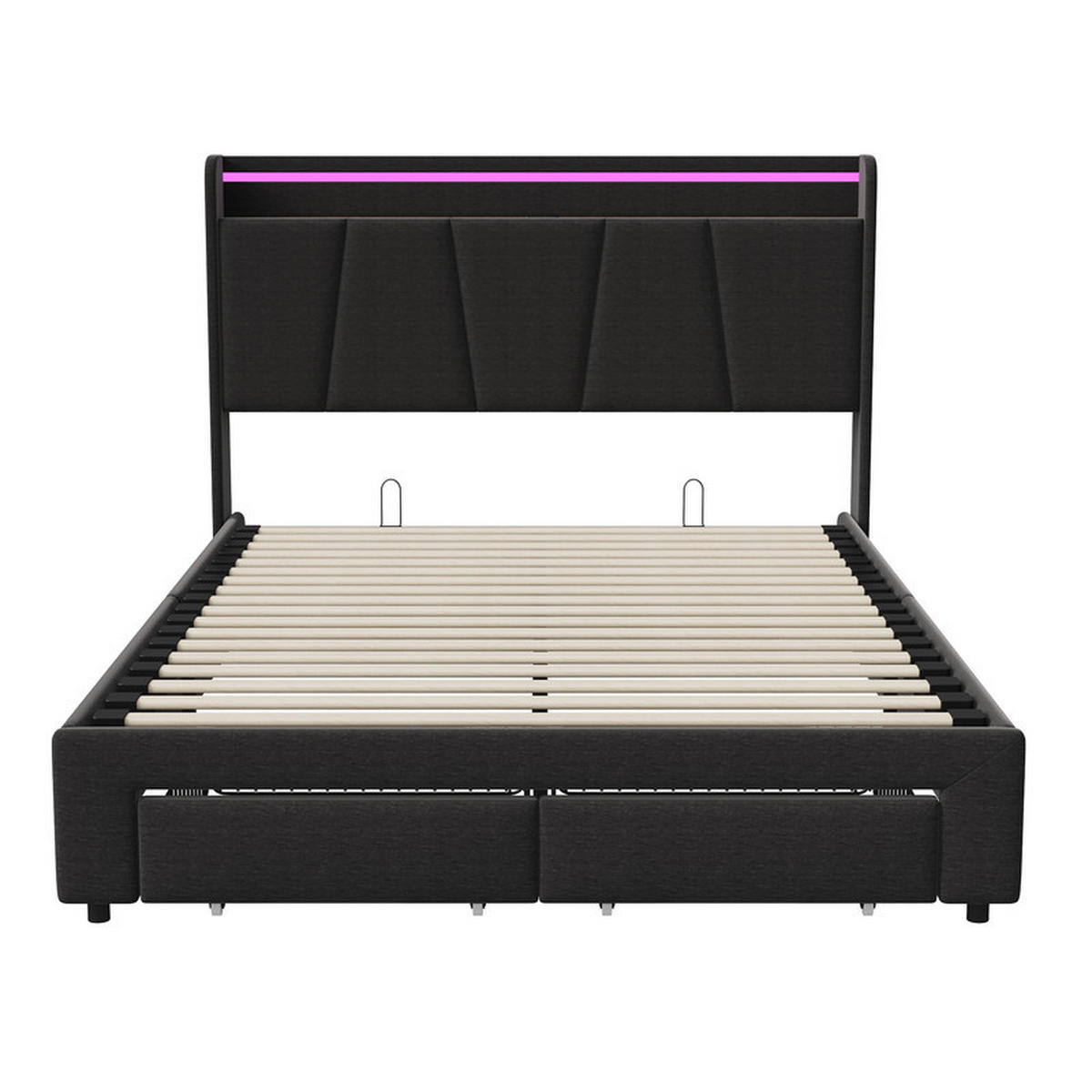 BETT 160 x 200 cm mit Stauraum, mit 2 Schubladen, LED-Beleuchtung und USB-Anschlüssen, Kopfteil - Grau, Holzwerkstoff/Textil