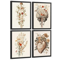 POSTER Set aus 4 Anatomie Mensch Dekorative Drucke und Wandbilder mit Blumen Ganzkörper Gehirn Hand und Herz Stil Größe Schwarzer Rahmen A4 - Schwarz, Papier (21/29.7/3cm) - Nacnic