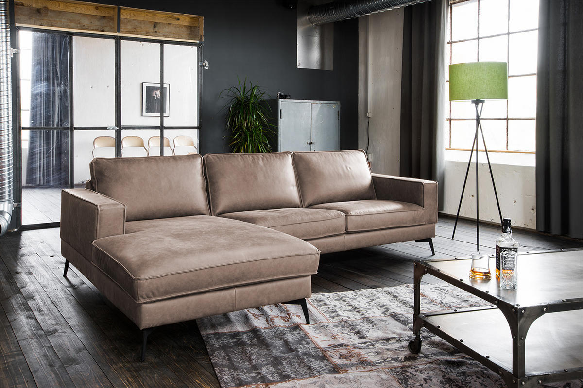 ECKSOFA BLOOM Taupe Leder - Taupe/Schwarz, Leder (276/177cm) - KAWOLA