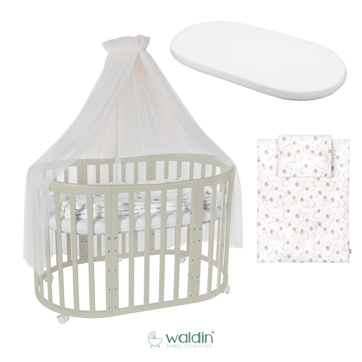 BABYBETT OLIVE OVAL 7in1 mit Matratze und Himmelset - Champagner/Olivgrün, Holz/Textil