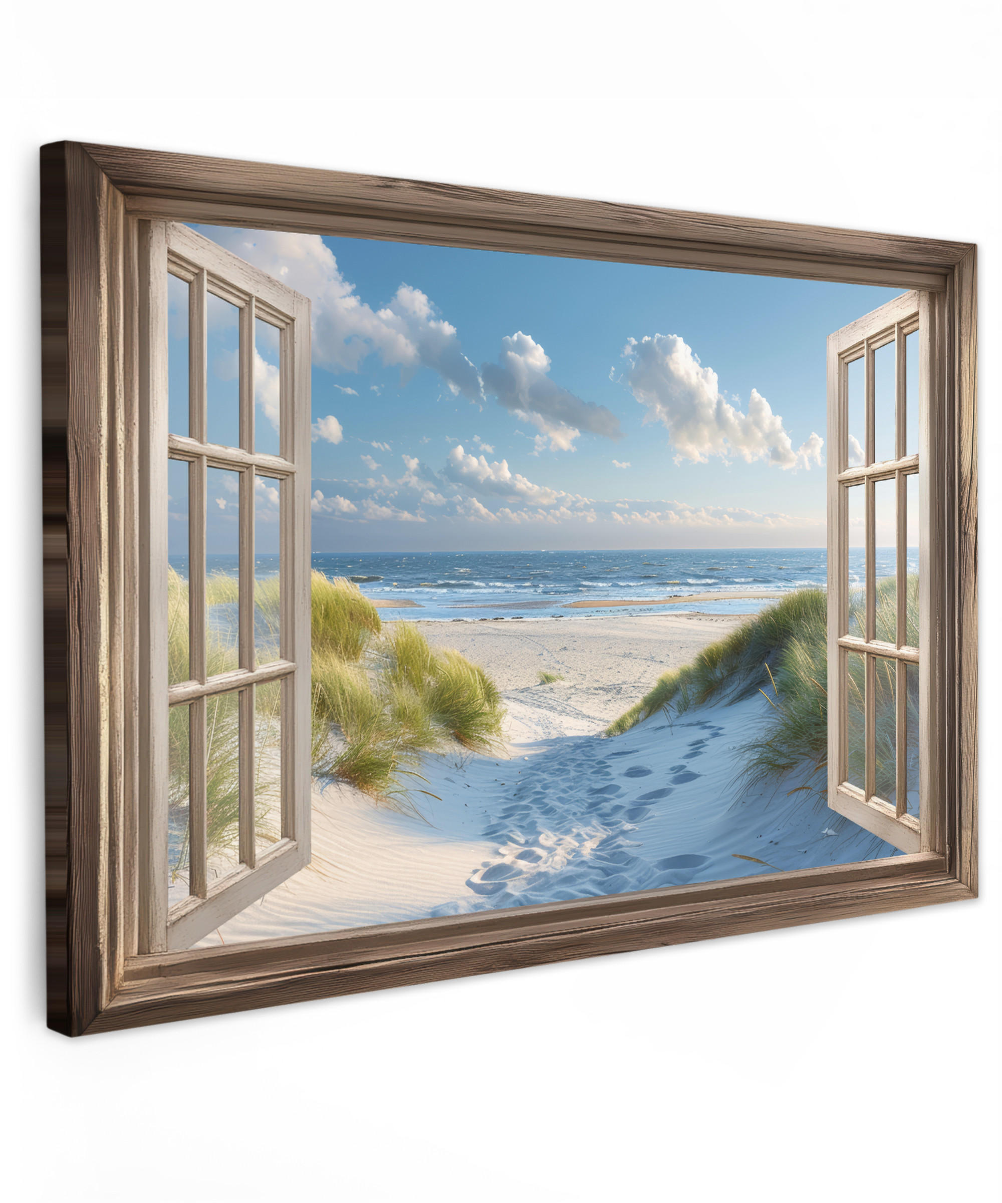 LEINWANDBILD Aussicht - Strand - Fenster - Dünen - Meer Groß 140x90 cm - Hellblau, Textil (140/90cm) - MuchoWow