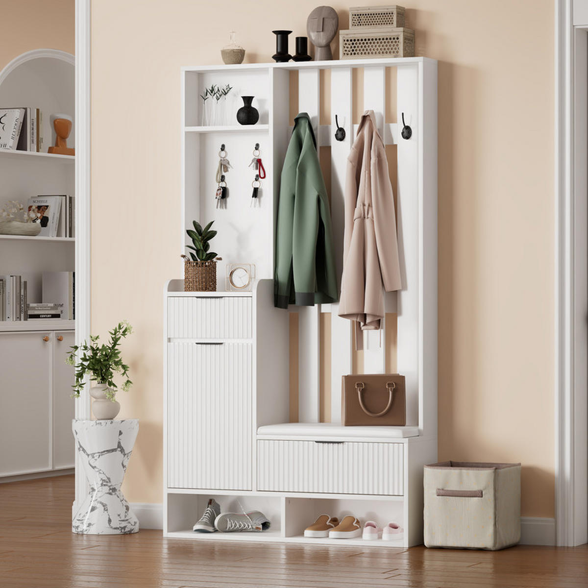 GARDEROBEN-SET mit Schuhbank und 8 Haken 100x30x180 cm - Weiß, Holzwerkstoff (30/180/100cm) - Fuleadture