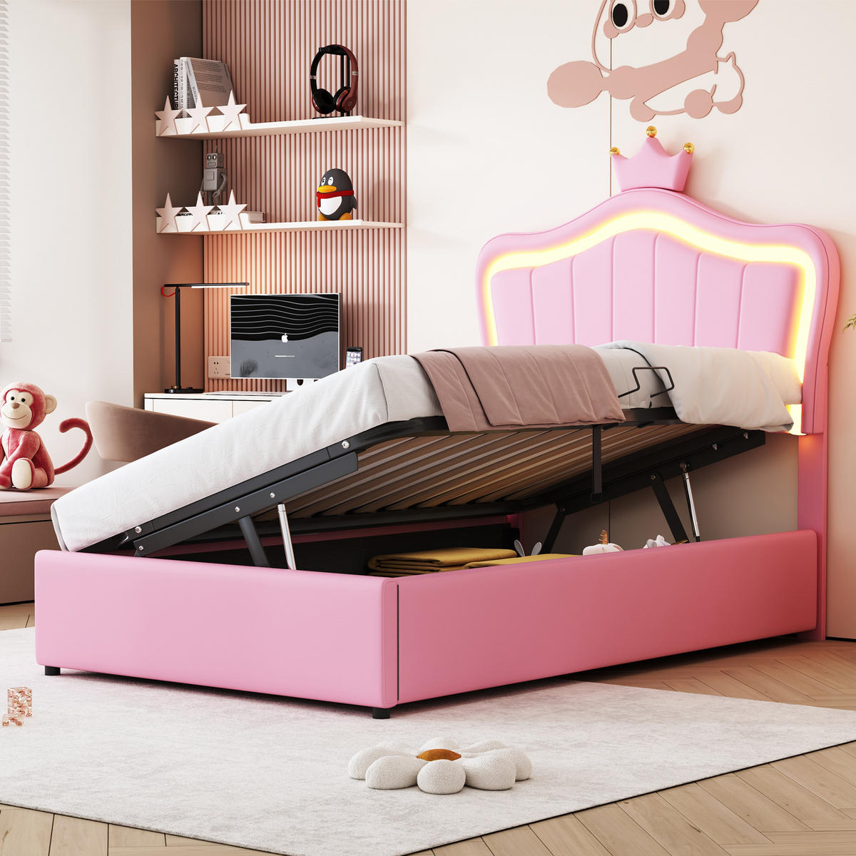 POLSTERBETT 90/200 cm rosa mit Kronendesign und LED-Beleuchtung - Pink, Textil (90/200cm) - OKWISH