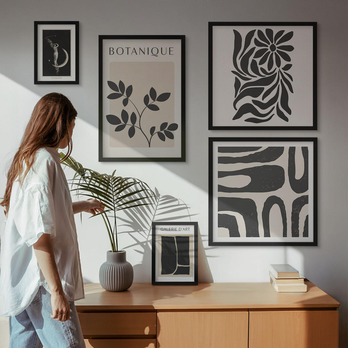 BILDER SET 5er Set - 50x50 cm & 20x30 cm & 40x60 cm Schwarzer Rahmen - Abstrakte Pflanzenmuster - Schwarz, Kunststoff (40/60cm) - TULUP