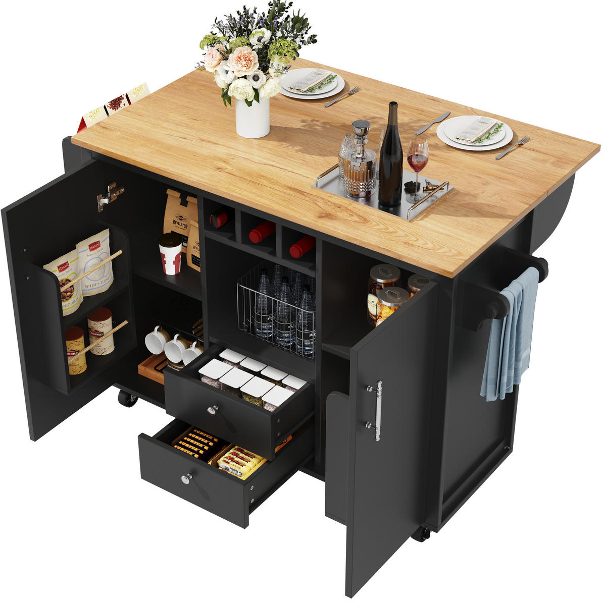 KÜCHENINSEL 137,9/73/92,2 cm aus MDF und Metall mit klappbarer Arbeitsplatte Schwarz - Schwarz, Holzwerkstoff (137.9/92/73cm) - Modenvie
