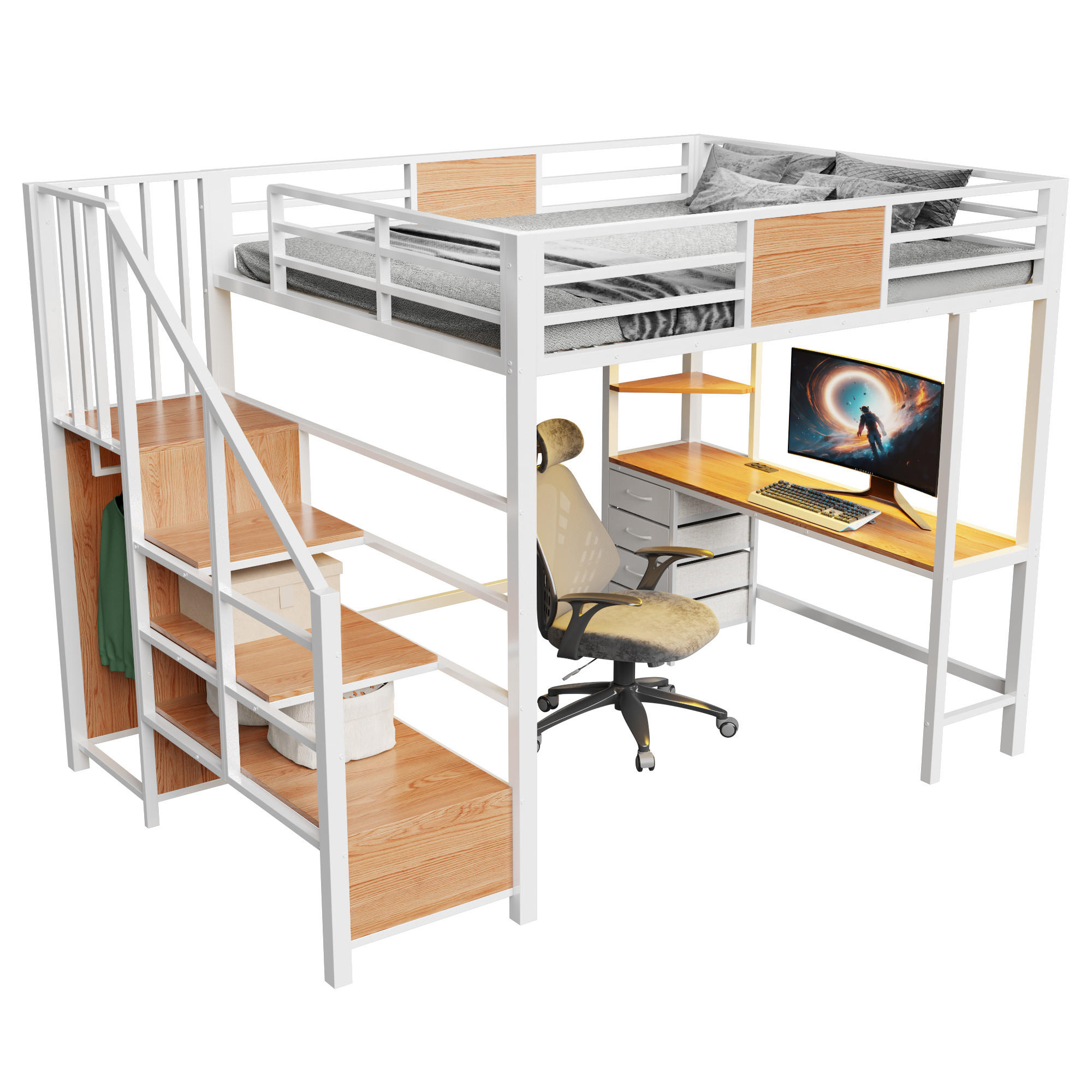 HOCHBETT 140/200 cm in Weiß mit Schreibtisch, Ablagefächern, Kleiderstange, LED und Steckdose - Weiß, Holzwerkstoff/Metall (140/200cm) - CHICFURN