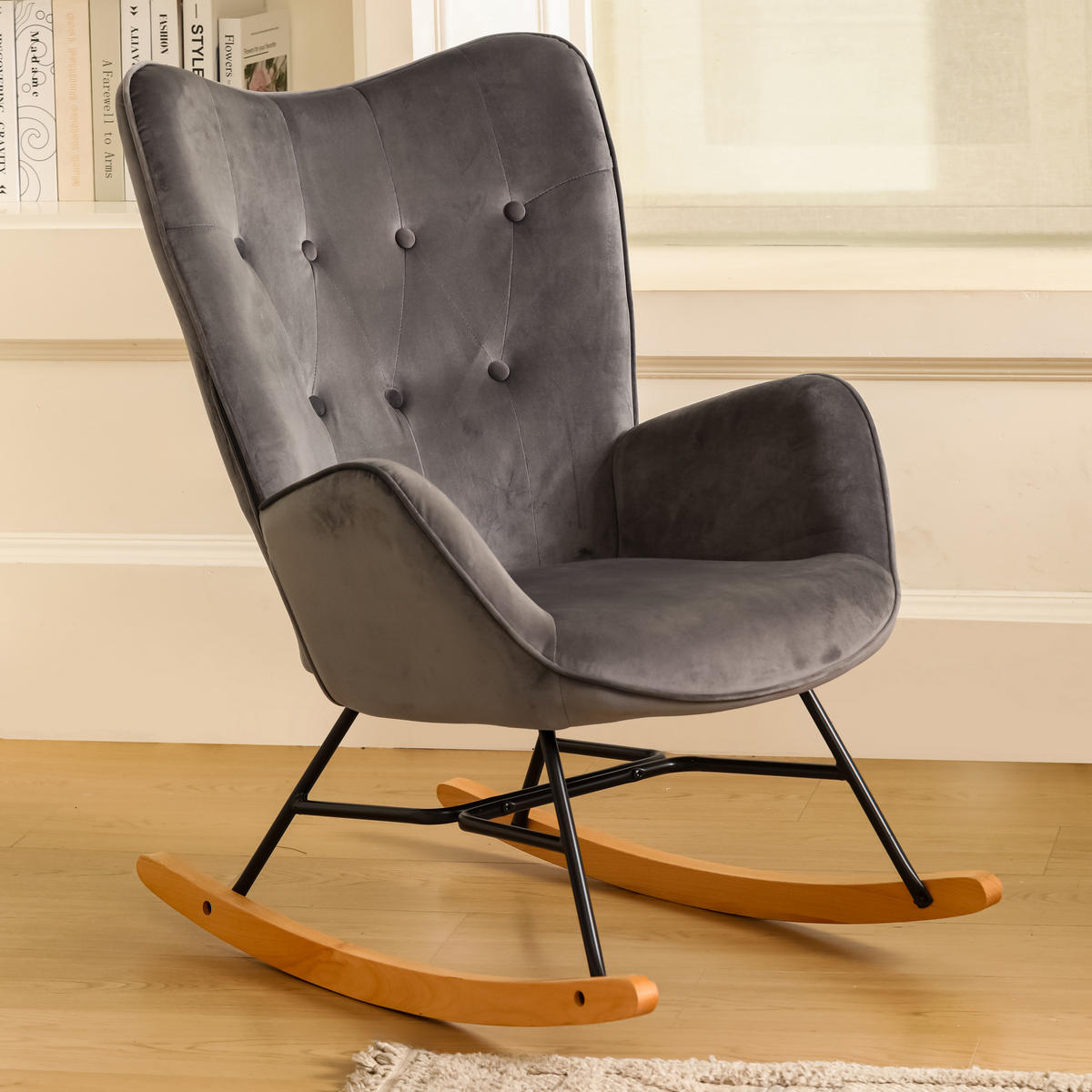 SCHAUKELSESSEL Samt Grau - Eichefarben/Grau, Holz (87/98/68cm) - Urban Meuble