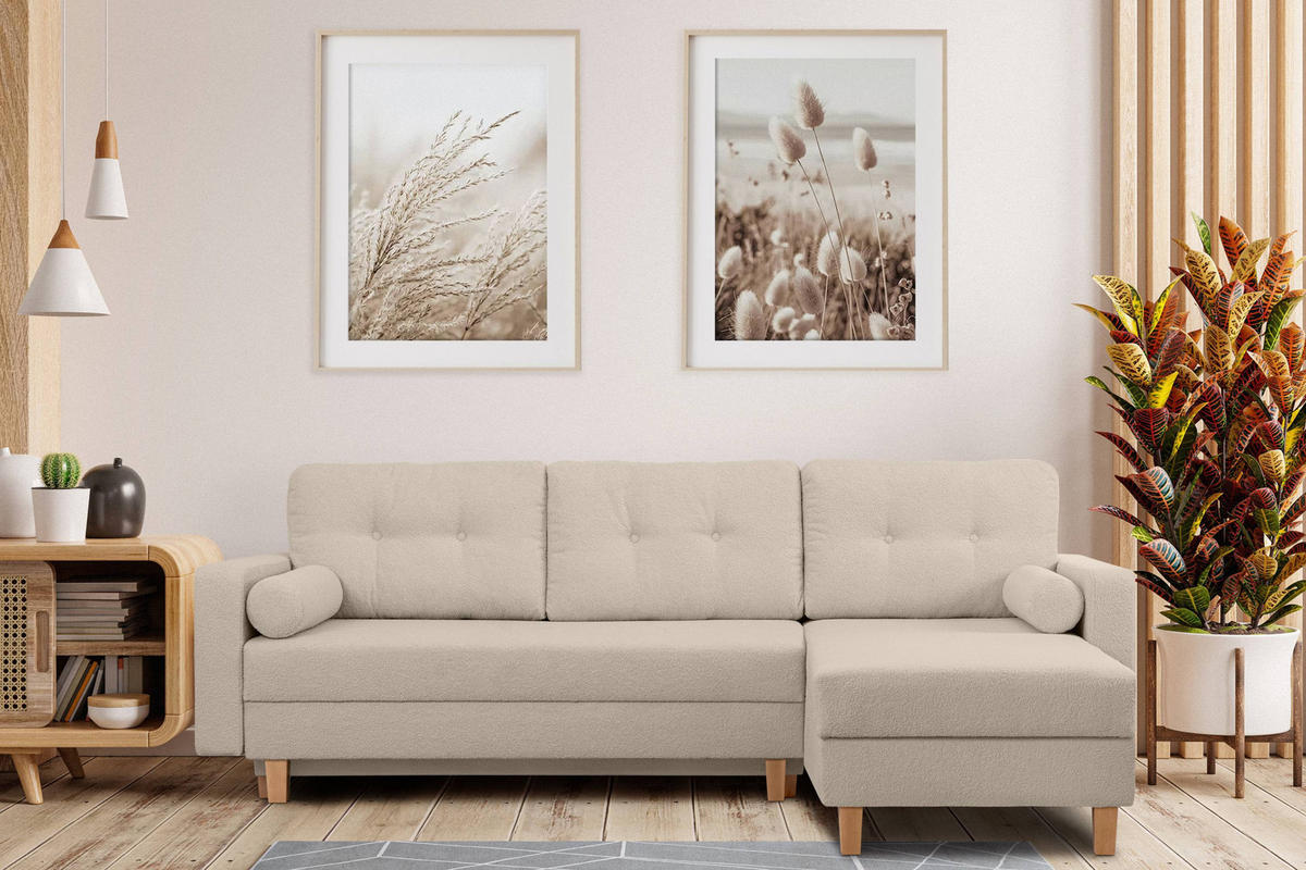 ECKSCHLAFSOFA ERISO 3/4 Sitzer und Universalecke mit Ottoman, Bouclé-Stoff, Creme - Creme/Braun, Textil (240/183cm) - KONSIMO®