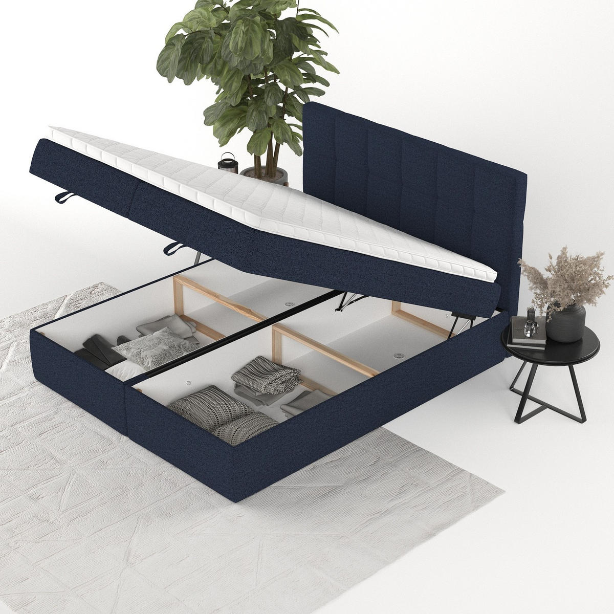 BOXBETT Savio 160/200 cm Marineblau im Riva Stoff - Schwarz/Dunkelblau, Holz/Holzwerkstoff (160/200cm) - AltaBeds