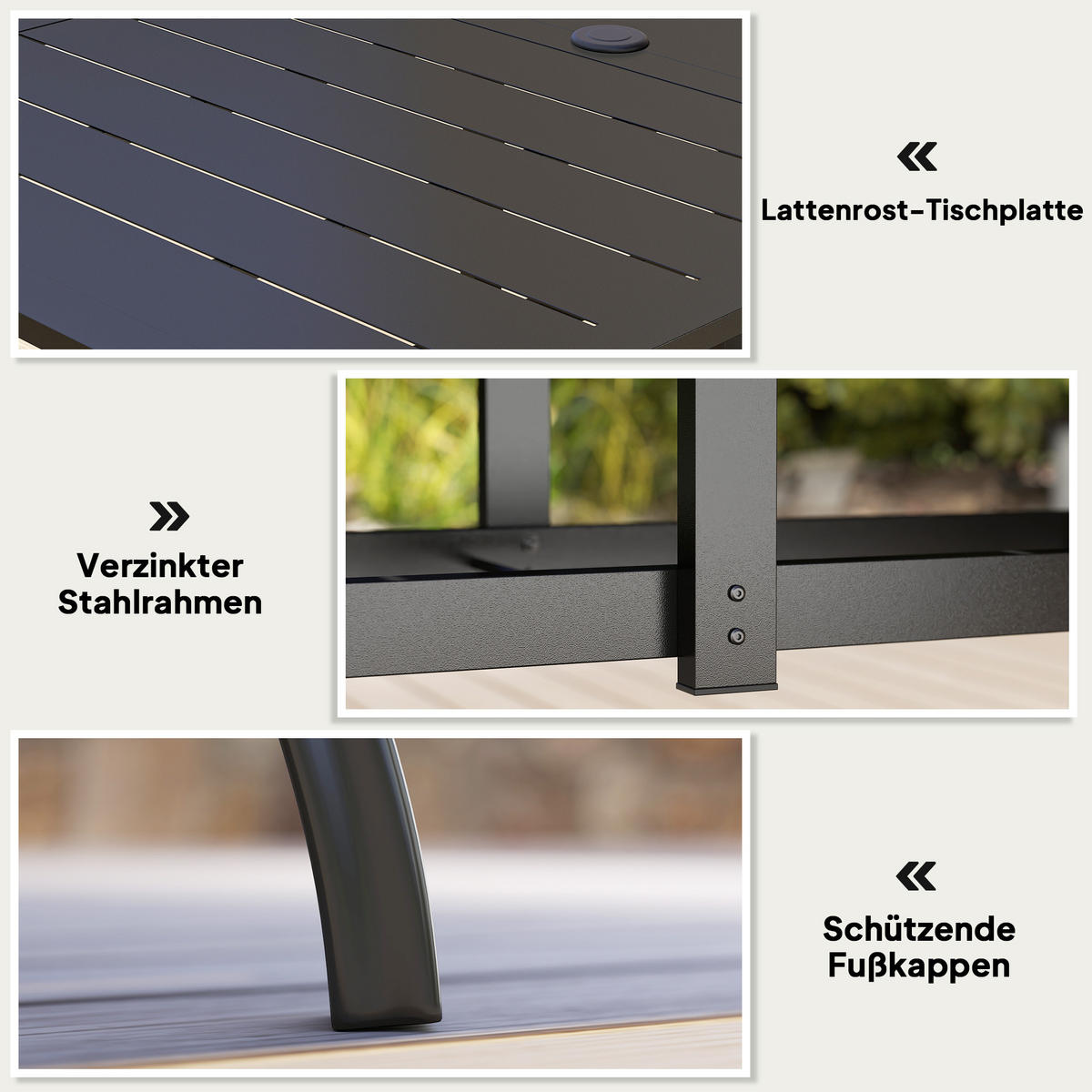 GARTENTISCH DE-07368 mit Schirmloch und Lamellen-Design für 6 Personen Schwarz - Schwarz, Metall (150/90/73cm) - ComfortXL