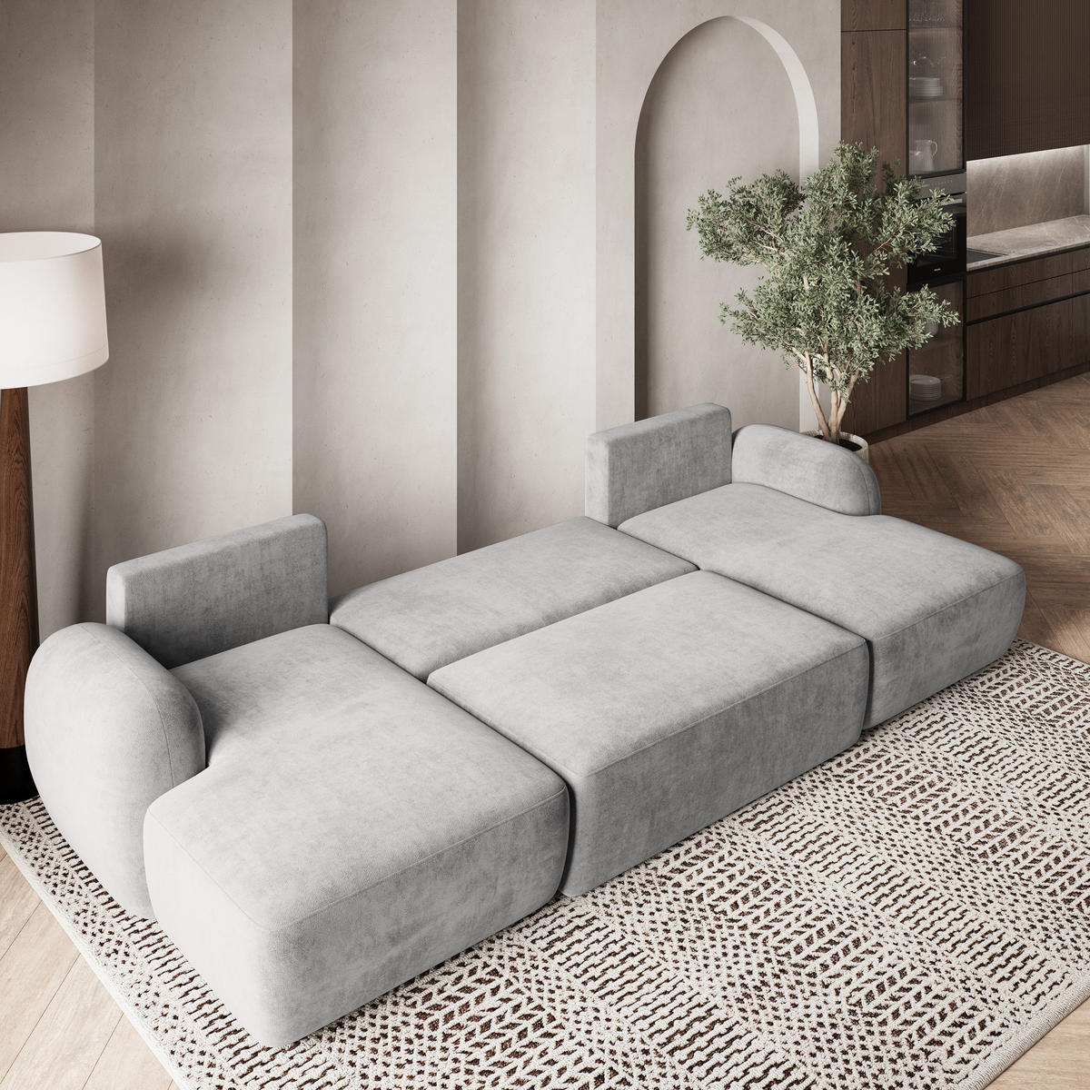 WOHNLANDSCHAFT SAVONA K Hellgrau Plüsch-Stoff mit Schlaffunktion - Hellgrau, Holz (320/90/148cm) - MASSENO