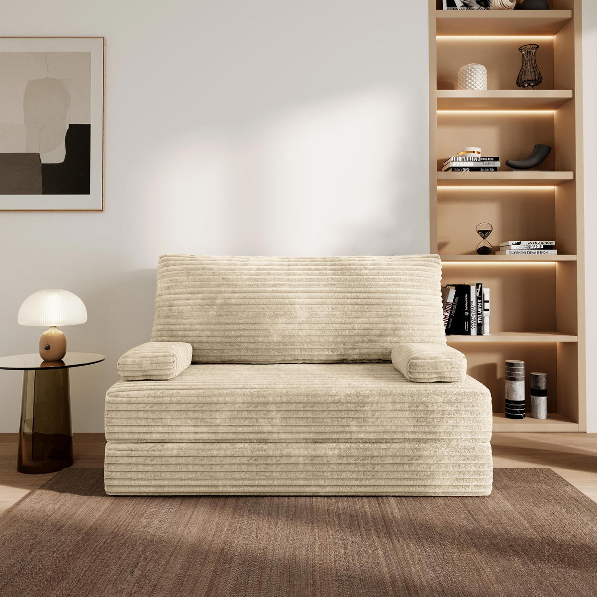 BETTSOFA LADIA aus Schaumstoff Cordstoff Creme Schlaffunktion - Creme, Textil (140/86/60cm) - MASSENO