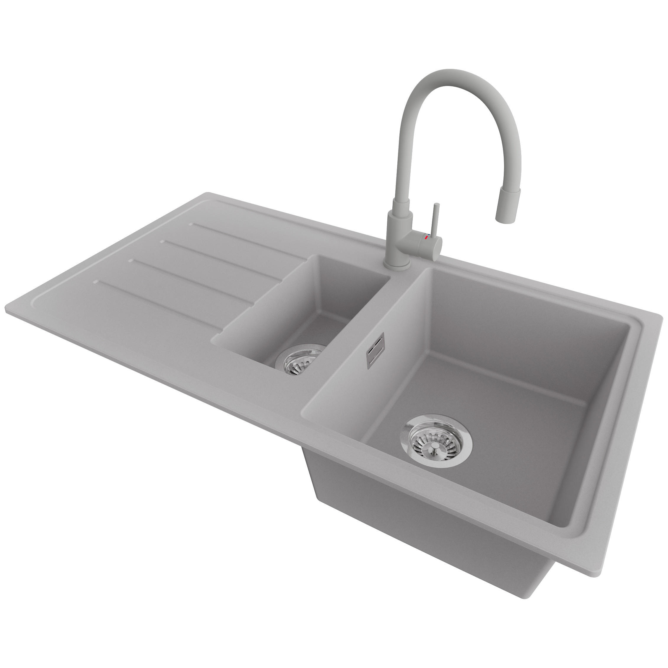 GRANITSPÜLE - Kopenhagen, 3-er set Grau 90/50 cm, 1,5 Becken + Küchenarmatur 38/14 cm + Ablauf-Set ab 60er Unterschrank - Chromfarben/Grau, Kunststoff (90/19/48cm) - Primagran