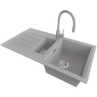 GRANITSPÜLE - Kopenhagen, 3-er set Grau 90/50 cm, 1,5 Becken + Küchenarmatur 38/14 cm + Ablauf-Set ab 60er Unterschrank - Chromfarben/Grau, Kunststoff (90/19/48cm) - Primagran