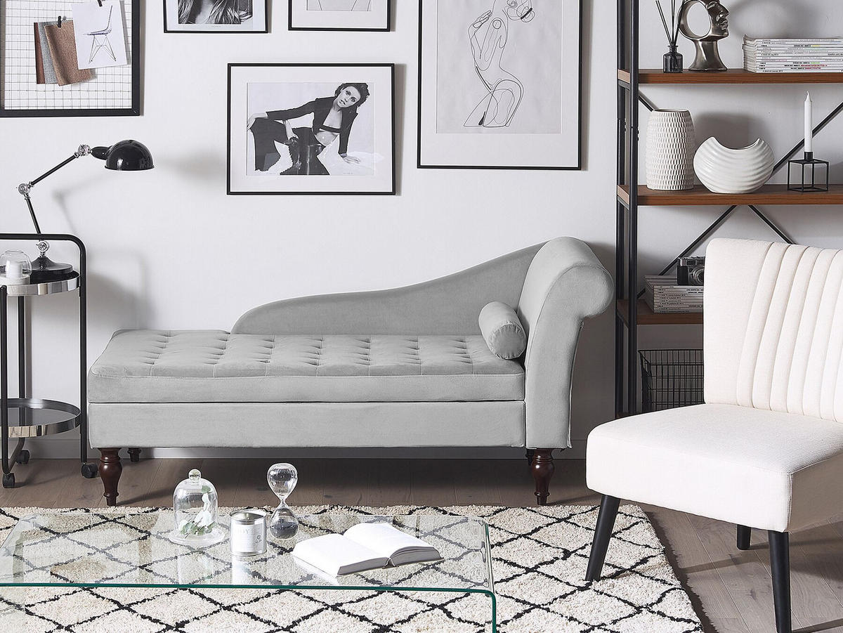 CHAISELONGUE Samtstoff hellgrau mit Bettkasten rechtsseitig Pessac - Grau, Textil (145/72/65cm) - Beliani