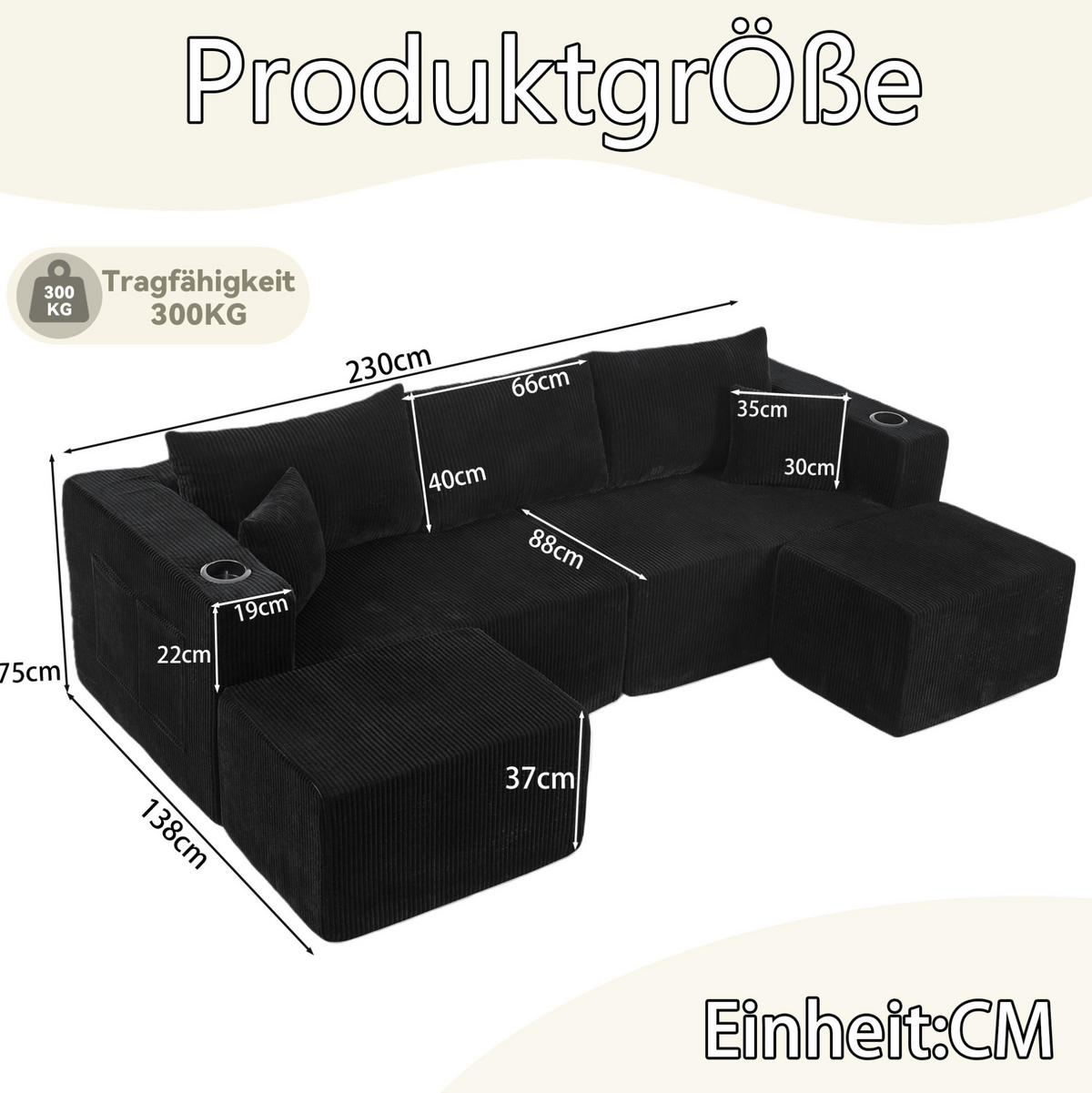 SOFA modular 3-Sitzer Cord Black mit 2 beweglichen Ottomanen - Schwarz, Kunststoff (230/75/138cm) - IVMEU