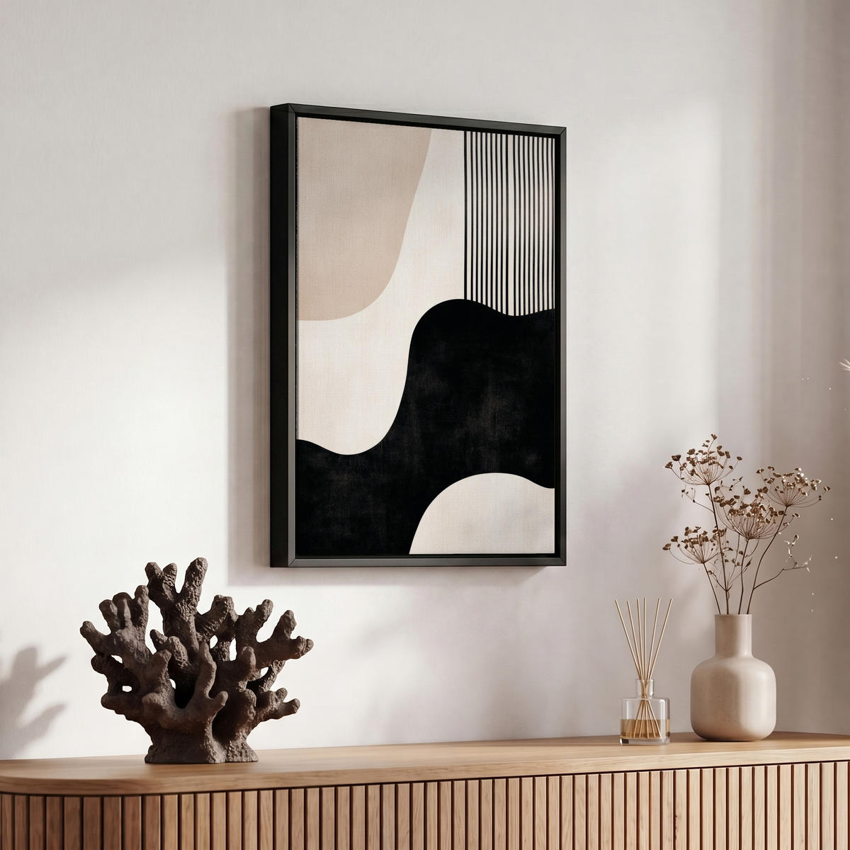 LEINWAND Bilder mit Rahmen - Abstrakt - Japandi - Beige - Modern - 20x30 - Schwarz, Textil (20/30cm) - MuchoWow