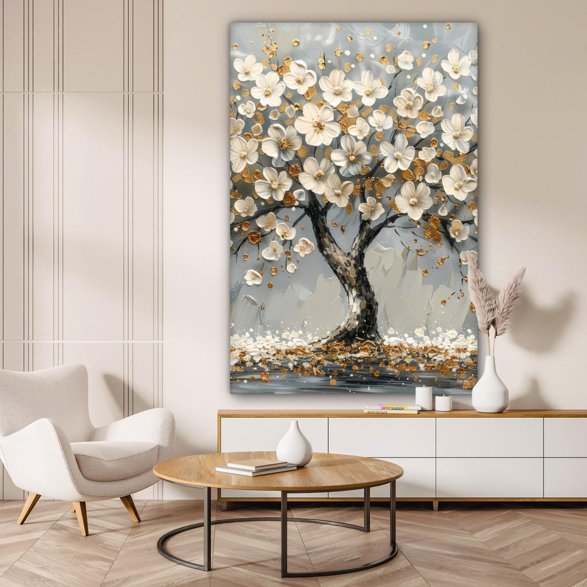 LEINWANDBILD Baum - Blumen - Weiß - Natur - Kunst Deko Groß 90x140 cm - Weiß, Textil (90/140cm) - MuchoWow