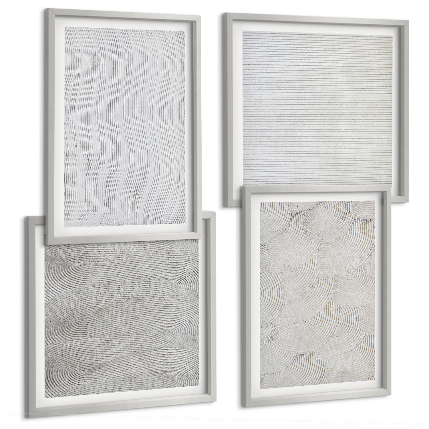 BILDER SET 4er Set - 50x50 cm & 40x60 cm Silberner Rahmen - Sandmuster geometrische Strukturen - Silberfarben, Kunststoff (50/50cm) - TULUP