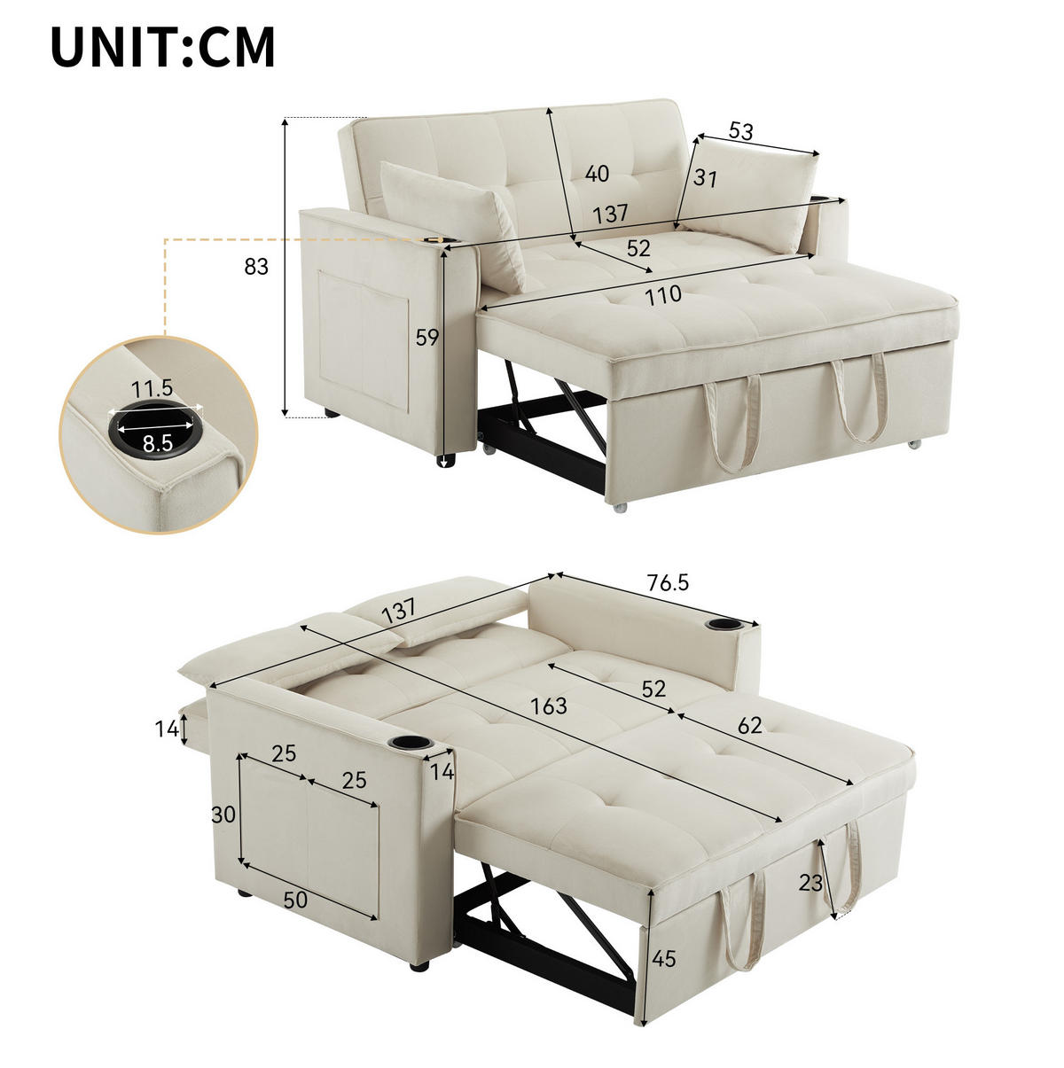 SCHLAFSOFA aus Samt 137x76,5x83 cm Beige mit Schlaffunktion, Getränkehaltern und 3-fach verstellbarer Rückenlehne - Beige, Textil (76.5/83/137cm) - Modfu