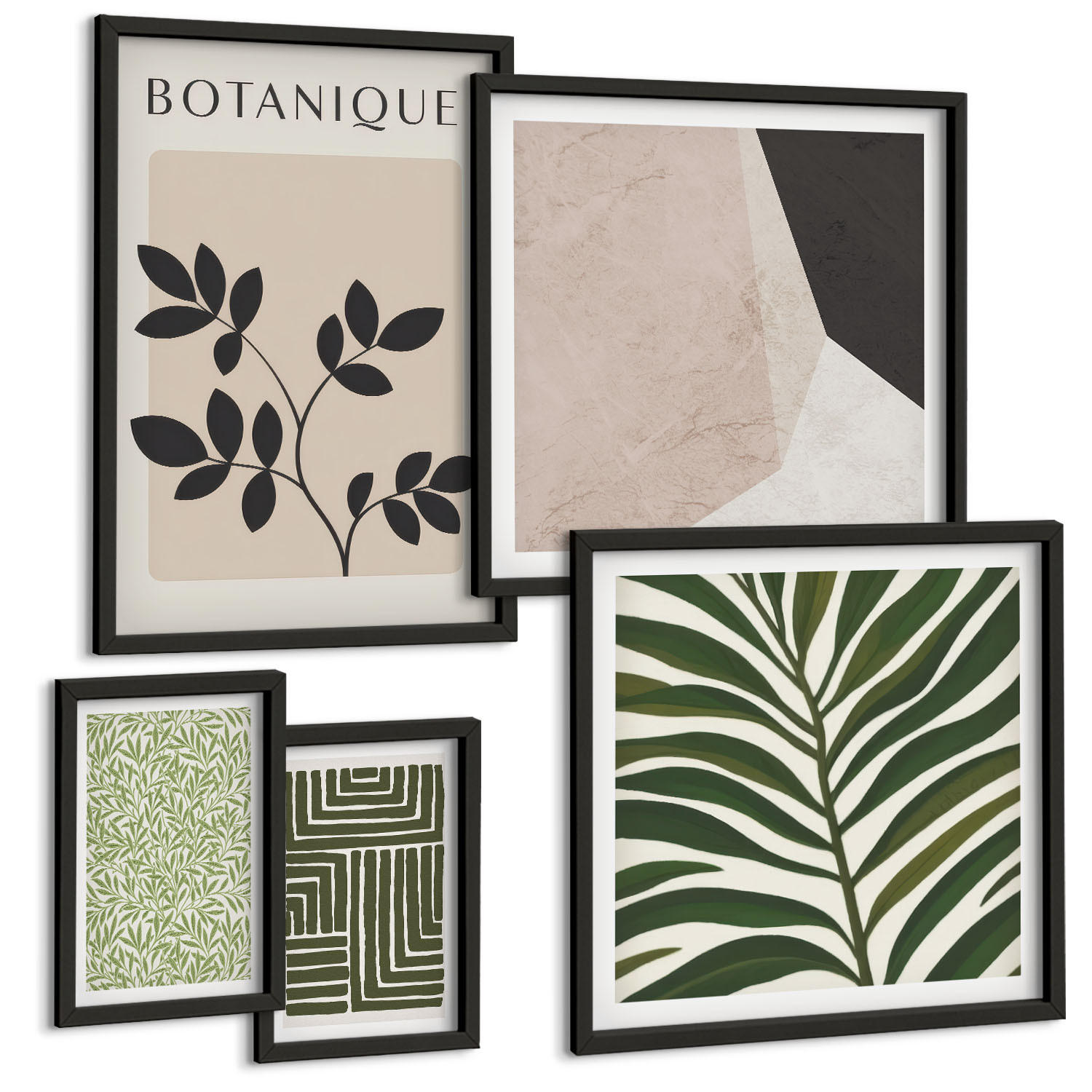 BILDER SET 5er Set - 50x50 cm & 20x30 cm & 40x60 cm Schwarzer Rahmen - Botanische Boho-Kompositionen - Schwarz, Kunststoff (40/60cm) - TULUP
