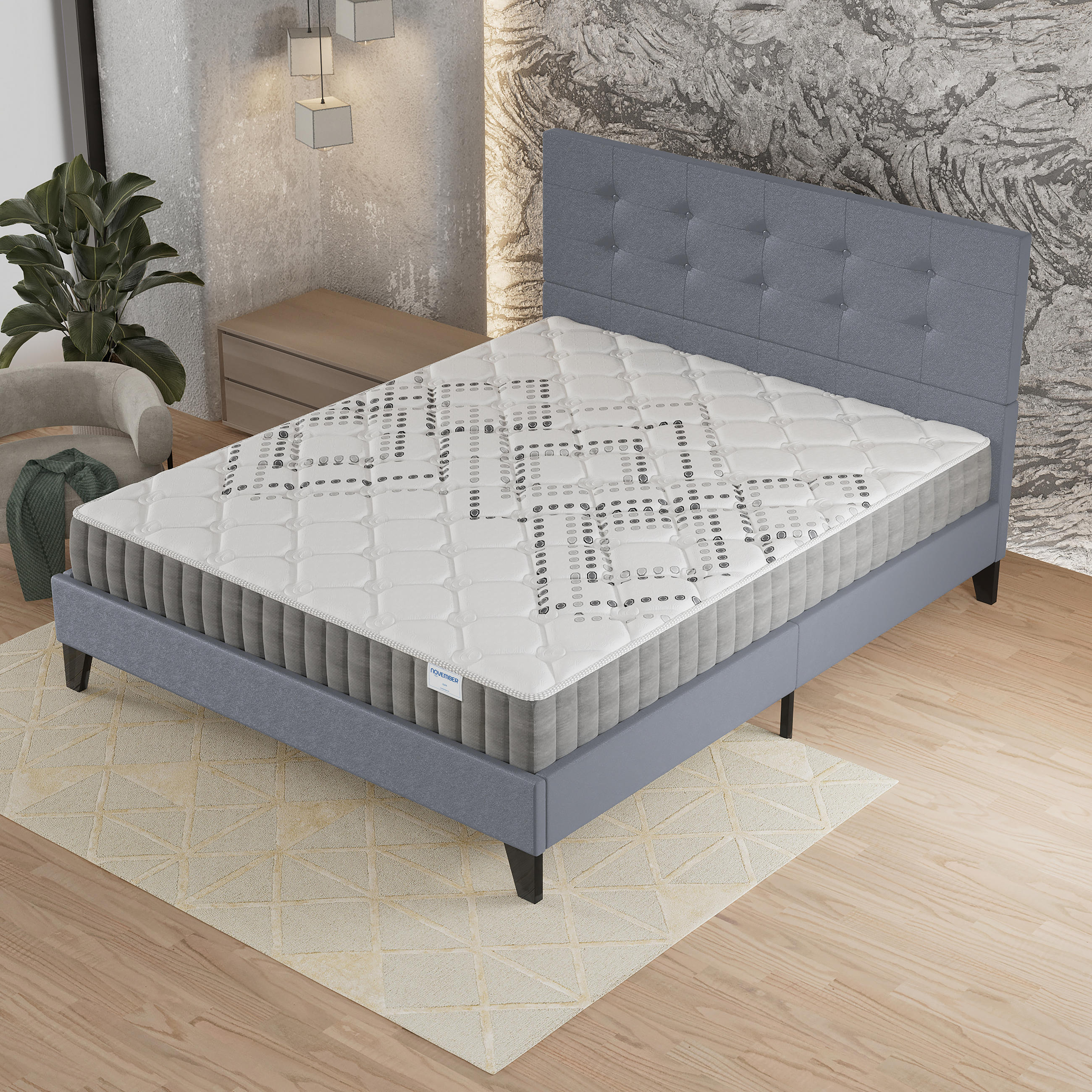 POLSTERBETT und MATRATZE - 120 x 190 cm - Taschenfederkern - 20cm dick - Grau, Naturmaterialien/Holz (120/190cm) - November Sleep