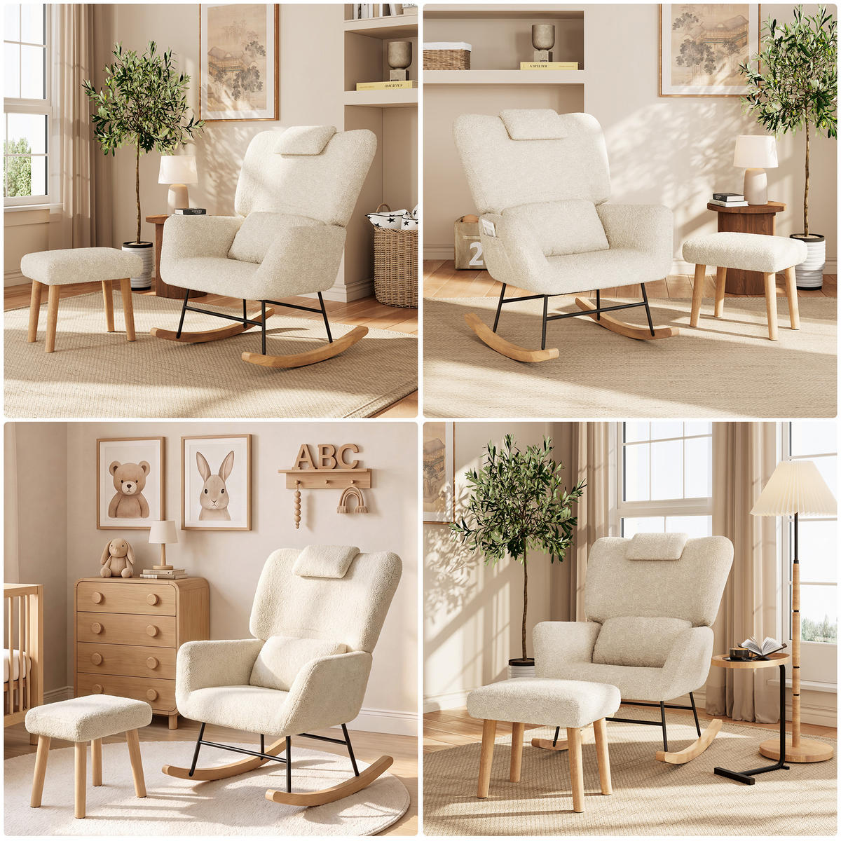 SCHAUKELSTUHL mit Hocker, Beige ,Lendenkissen, Kopfstütze, Seitentaschen und Massivholzsockel, Lammwolle Stoff-für Wohnzimmer, Schlafzimmer - Ecru, Holz/Metall (75/42/93cm) - BursDany