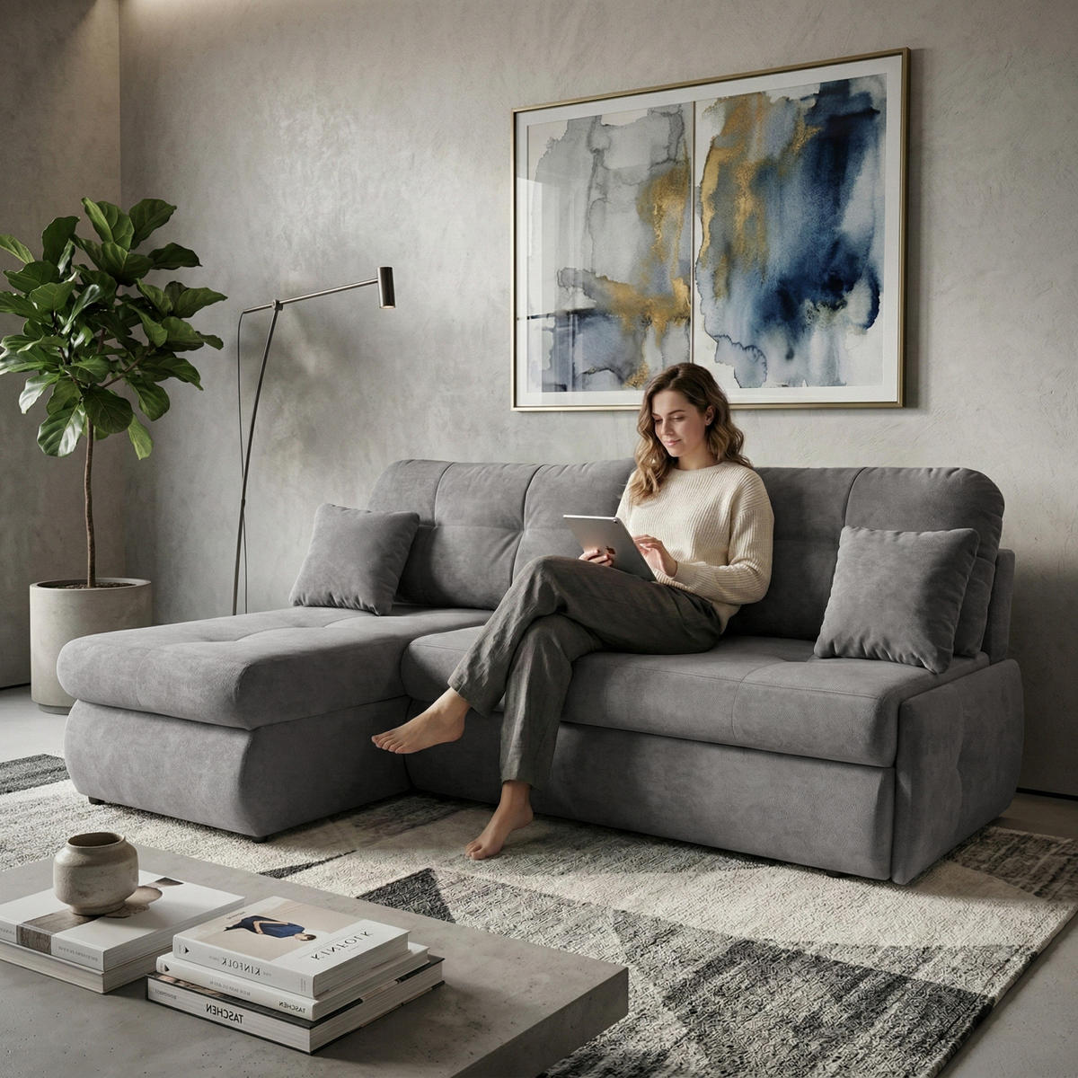 ECKSCHLAFSOFA Tino mit Schlaffunktion und Bettkasten, universeller Ottomane, Grau - Grau, Textil (216/155cm) - Beautysofa