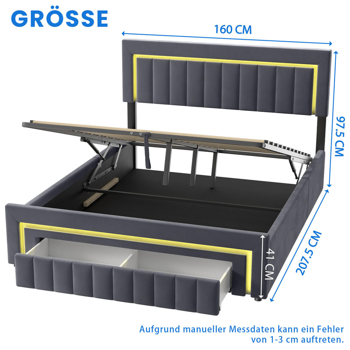 POLSTERBETT 160/200 cm in Grau, mit Bettkasten und Schubladen , mit LED, ohne Matratze - Grau, Holzwerkstoff/Textil (160/200cm) - WISHDOR