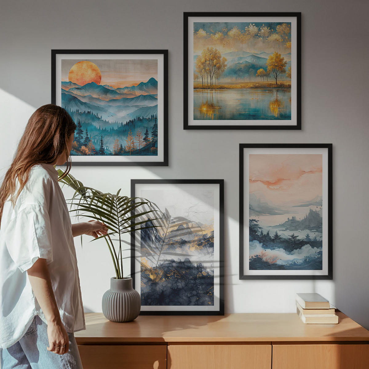 BILDER SET 4er Set - 50x50 cm & 40x60 cm Schwarzer Rahmen - Gemalte Abstraktionen der Natur - Schwarz, Kunststoff (50/50cm) - TULUP